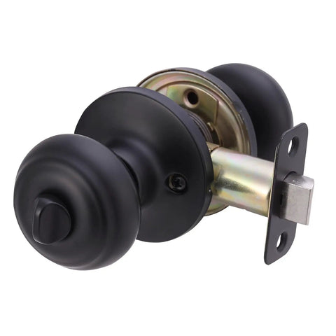 Side view of Classic Matte Black Door Knob With Lock For Bedroom And Bathroom showing brass body, steel core, and adjustable latch.
