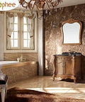 Luxurious bathroom with marble walls, ornate wooden vanity under decorative mirror, and elegant chandelier.