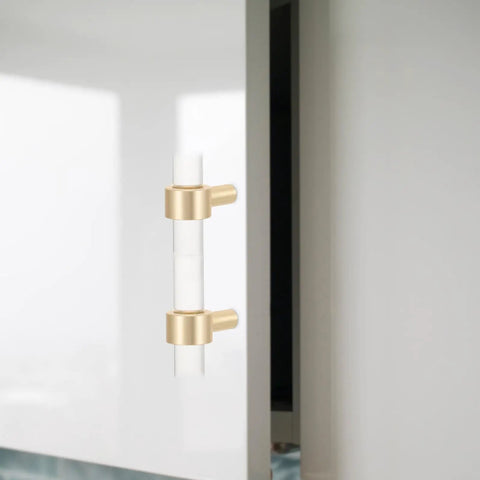 Sleek Crystal Cabinet Pull Handle Set For Cabinets And Drawers, Acrylic And Copper Knob With 64mm Hole Spacing installed on door