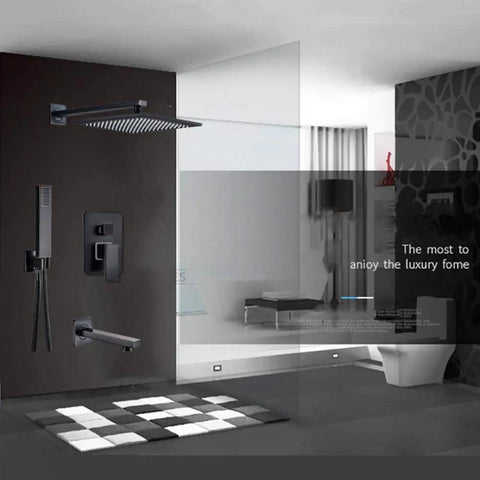 CUTPOIY Shower Set, Wall Bathroom Shower Mixers, Black Golden Brass Rainfall Concealed Shower System Embedded Box Mixer Valve, 16 Inch-A in modern bathroom.