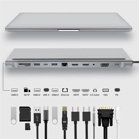 Slick 12 In 1 Type C Hub Docking Station With Crisp 4K Display Dual Gigabit Ethernet Lan Ports PD Quick Charge Aluminum Body, showcasing port connections.