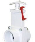 Valterra PVC gate valve, white, 1-1/2 in slip with red gate keeper lever (front view)