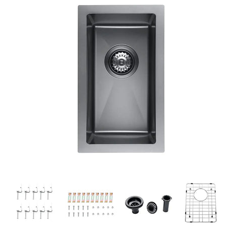 Stainless Steel Single Bowl Bar Sink Undermount Prep Sink With Strainer And Waste Basket For Small Spaces Black 10 By 17 By Eight And A Half Inches Durable Finish with installation accessories.