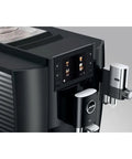 Top Shelf Heavy Duty Fully Automatic Coffee Maker With Real Bean To Cup Fresh Grind And Sleek Interface For Smooth Effortless Home Barista Brewing Action control panel and milk frother