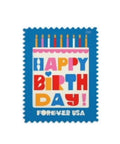 Birthday Forever Stamps 2026 Edition featuring colorful cake with candles on blue background.