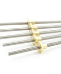 304 Stainless Steel T6 Lead Screw with Brass Nut, Trapezoidal Spindle, Length 150mm, Lead Options 1mm 2mm 4mm 6mm 12mm, side view.