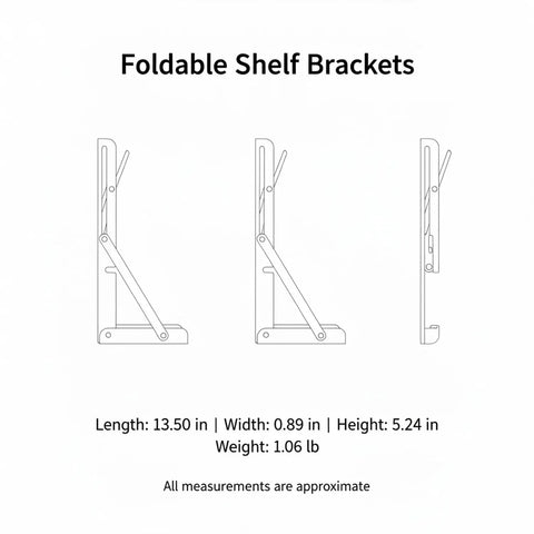 Illustration of foldable shelf brackets for wall mount with dimensions, stainless steel, hinged drop-leaf support shown.