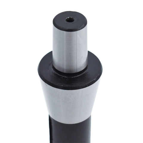 R8 shank drill chuck arbor adapter with JT6 taper, metal silver shaft and black collar, front view