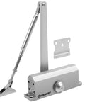 Silent Glide Hydraulic Door Closer, silver aluminum, adjustable arm, ideal for smooth door operation, stops slams.