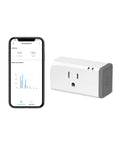 WiFi Smart Plug With Energy Monitoring, 15A Outlet near smartphone displaying energy consumption data.