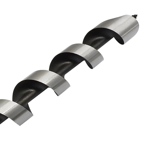 Built Tough One Inch Wood Auger Drill Bit With Hex Shank And Hardened Carbon Steel Shaft featuring spiral flutes for efficient boring.