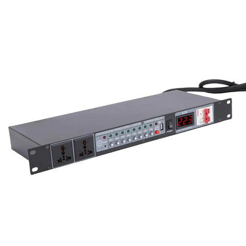Rock Solid Power Sequencer And Rack Mount Conditioner with digital voltage display, designed for clean audio power management.