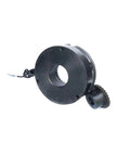 Electromagnetic brake housing for servo motor; black circular flange with center bore and mounting holes (side view)