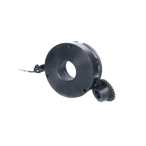 Front view of DHD2-50 electromagnetic brake for stepper motor, black housing with central bore and cogged coupling