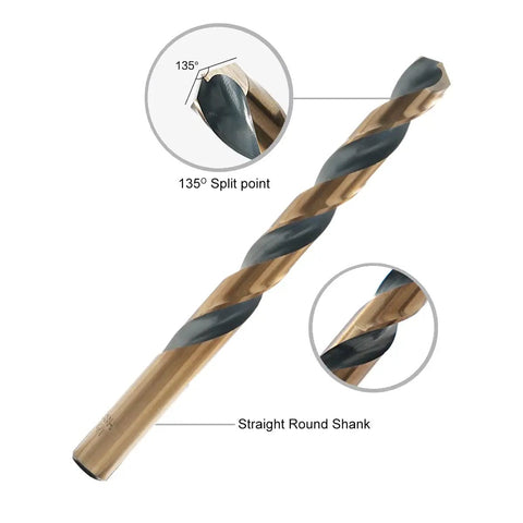 Close-up of 135° split point feature on 29 Piece Cobalt Drill Bit Set With 135 Degree Split Point, High Speed Steel, Black And Gold Finish, Pro Grade.