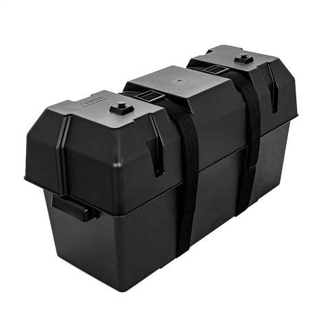 Tough As Nails Double Battery Box Rig Ready For RV And Marine holds two Group GC2 or 12V 24 batteries securely in a black polypropylene case.