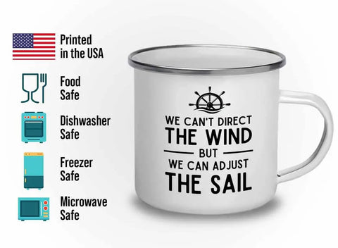 Sailor Camper Mug 12oz We Can Adjust The Sail Great Gift For Boaters And Shipmates, showing mug design and safety icons