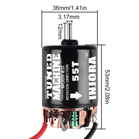 540 Brushed RC Motor 55T Waterproof for 1/10 Scale Crawlers with dimensions labeled, fits Axial SCX10 Pro, SCX10 AXI03007, TRX4