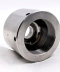 Front view: metal waterjet end cap for intensifier pump with threaded bore and flange holes