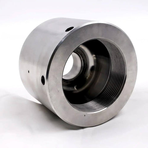 Front view: metal waterjet end cap for intensifier pump with threaded bore and flange holes