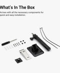 Universal Solar Panel Wall Mount For Ring Eufy Arlo Wyze Reolink And More with extended arm, screws, mounting clips shown in box.