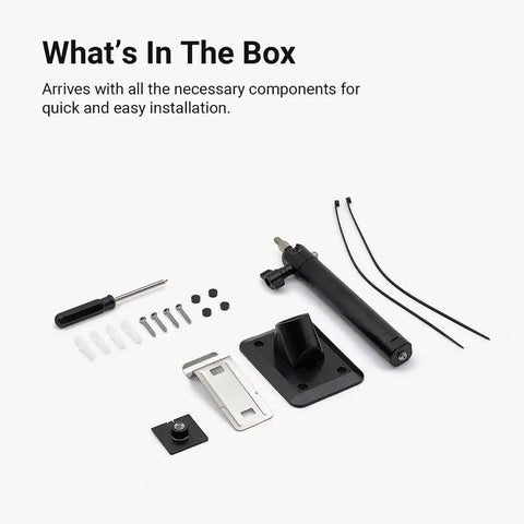 Universal Solar Panel Wall Mount For Ring Eufy Arlo Wyze Reolink And More with extended arm, screws, mounting clips shown in box.