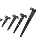 Black Painted T Shape Triangle Cabinet Hinges With Soft Close Dampers for doors, gates, and sheds in various sizes displayed.