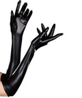 Damn Fine Black Pleather Over The Elbow Gloves Featuring Wet Look Sheen And Comfortable Stretch For Women Cosplay Photoshoots And Club Outings Absolute Fire Wear Vibe, shown on hands with shiny finish.