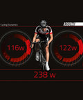 Cyclist on bike with Dual Sensing Pedal Based Power Meter, displaying wattage data for left and right pedals in watts.