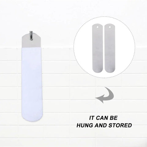 Two Pack Straight Sock Jigs Made From Aluminum For Heat Press Sublimation Printing hanging on hook with storage instructions