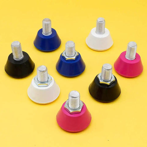 Assorted colors of 2 Pack Roller Skate Toe Stops With 82A PU Rubber Plugs And Brake Blocks For All Surfaces on yellow background