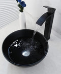 Black Ceramic Vessel Sink With Faucet And Drain Set For Above Counter Use, Round Bowl, Waterfall Spout, 12.8x5.8 inch
