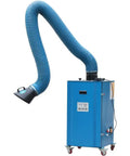 Heavy Duty Mobile Welding Fume Purifier With Dual Arm Extraction Setup And Manual Ash Cleanup, blue steel frame, extended extraction arm.