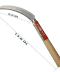 Grass Sickle With Saw Tooth Blade Handheld Harvest Sickle With Wooden Handle 6.6 Inch Stainless Steel Blade shown with dimensions