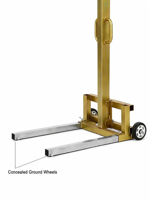 Heavy Duty Hand Crank Winch Stacker For Lifting Heavy Loads Smooth Manual Lift With Locking System showing concealed ground wheels.