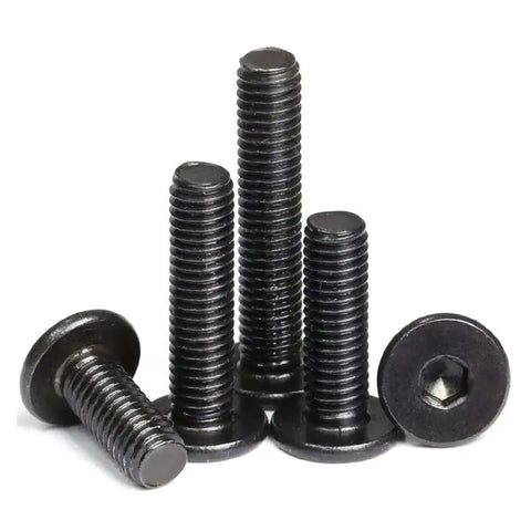 Rock Solid M3X8mm Hex Socket Flat Head Countersunk Bolts Built From Premium Black 304 Stainless Steel With Knockout Rust Resistance Low Profile Allen Machine Screws For Auto Repair And Household Fixes Straight Up Heavy Duty Fasteners Pack Of Fifty Pieces, showing a set of flat head bolts.