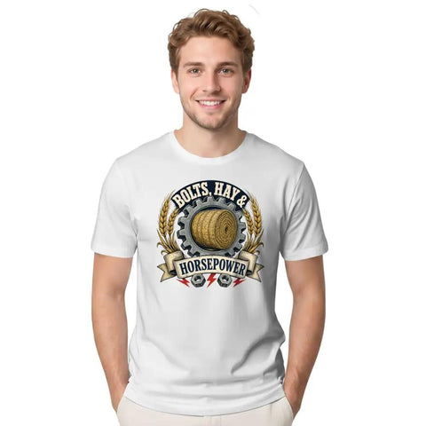 Men's Vintage Hay Horsepower T-Shirt Featuring Soft 100% Cotton Fabric With Distressed Farm Garage Badge Graphic on a model
