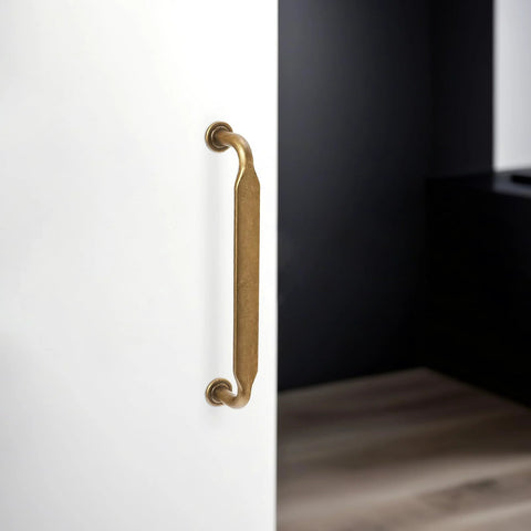 10 Pack 5 Inch Cabinet Pulls Antique Brass Zinc Alloy Drawer Pulls installed on white door in modern setting