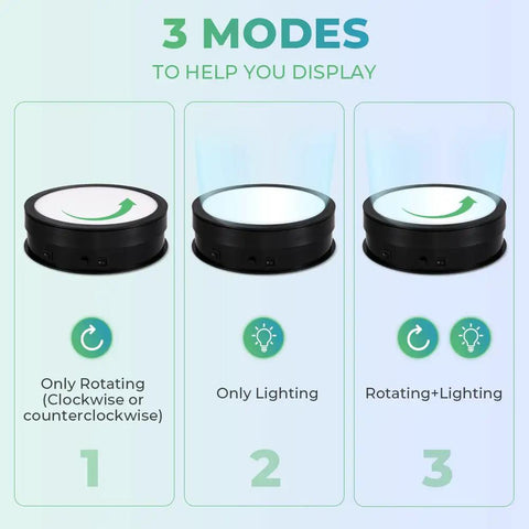 Three mode options of Flyrivergo 7.9Inch Rotating Display Stand With Led Light for product demonstration.