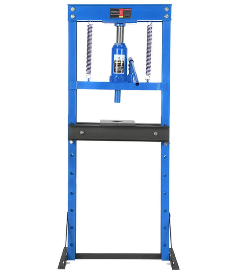 Top Shelf 12 Ton H Frame Hydraulic Press Shop Beast With Reinforced Stamping Plates For Serious Auto Repair Garage Builds And Metal Straightening Works, front view.