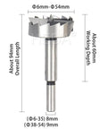 Top Shelf 16 Piece Wood Drill Bit Set With Tungsten Carbide Tips For smooth cuts, close-up of carbide tip drill bit with dimensions.