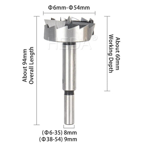 Top Shelf 16 Piece Wood Drill Bit Set With Tungsten Carbide Tips For smooth cuts, close-up of carbide tip drill bit with dimensions.