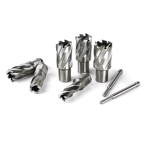 Oscarbide annular cutter set, 13 pcs, with 3/4 in Weldon shank and 7/16–1-1/16 in diameters, includes 2 pilot pins