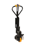 Aizyr Electric Pallet Jack Conversion Kit 48V 1000W Motor with hydraulic lift, showcasing the black handle and orange wheel.