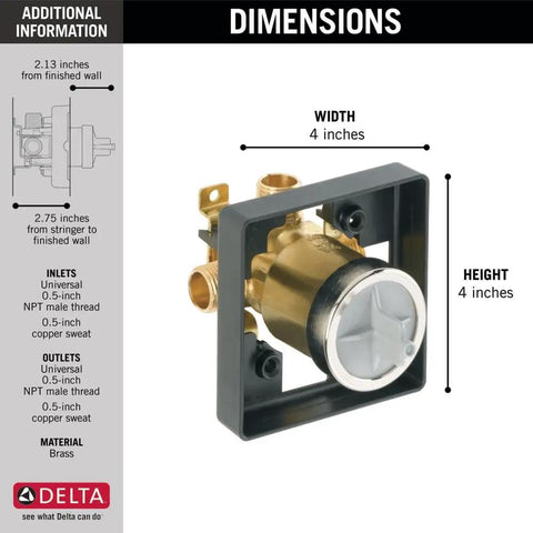 MultiChoice Universal Shower Valve Body dimensions chart with size details for trim kits; brass material; square frame.