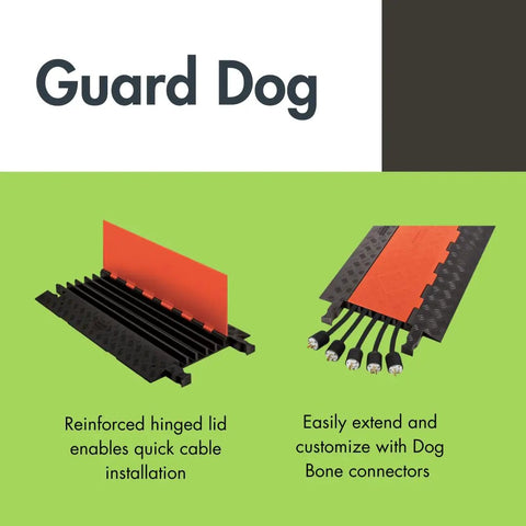 Three Channel Medium Profile Drive Over Cable Protector With Interlocking Dogbone Connectors, Heavy Duty Load Up To 21,000 Pounds, Durable Polyurethane Construction, Tough As Nails Traction, Bright Orange, illustrated with reinforced hinged lid and cables.