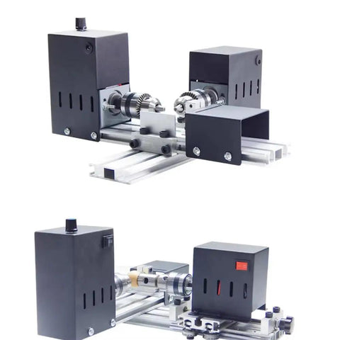 Mini 110-220V Dual Motor Lathe For Drilling And Grinding showing aluminum frame and adjustable telescopic tailstock.
