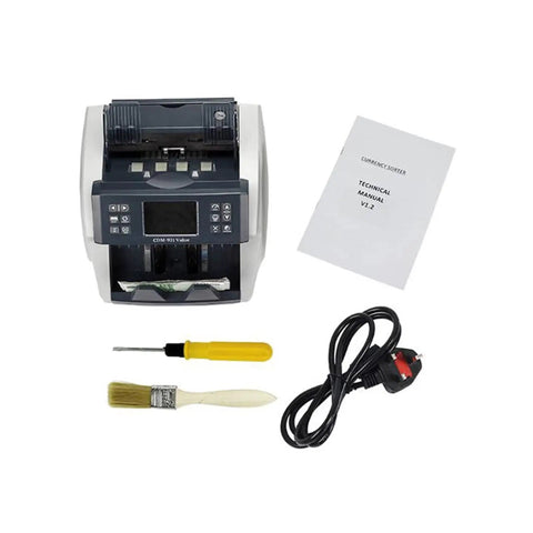 Heavy Duty Cash Money Counter With UV MG IR Counterfeit Detection Multi Currency Bill Sorter, accessories and manual laid out.