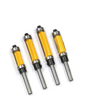 Four Piece Flush Trim Router Bit Set With One Quarter Inch Shank And Dual Bearings on a white background.