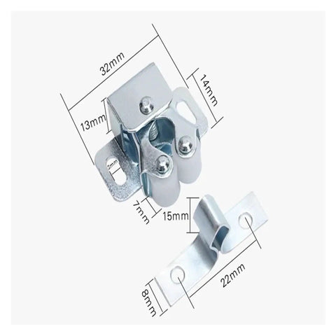Double Roller Cabinet Latch For Doors And Drawers, Heavy Duty Locking Catch In Multicolor Finish with dimensions shown